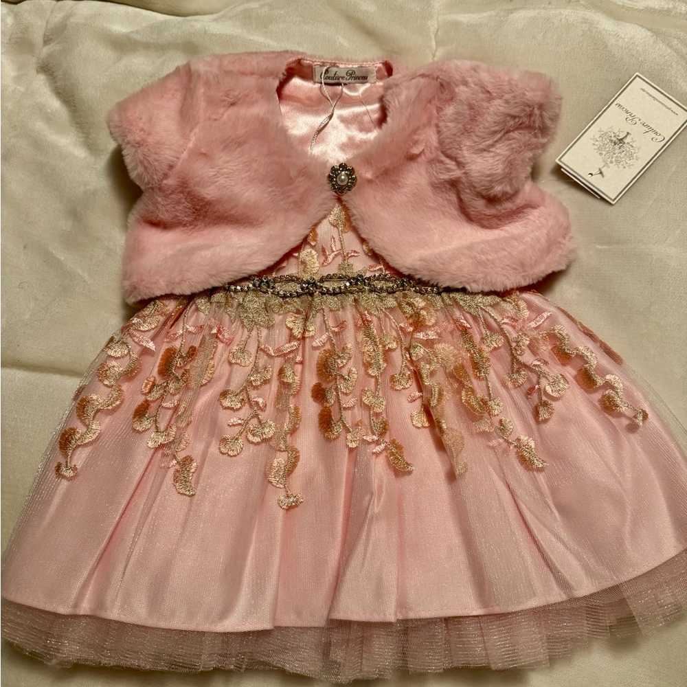 Elegant Pink Dress with Faux Fur Bolero